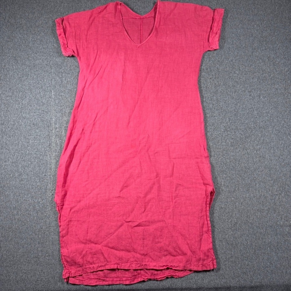 Made in Italy Pink 100% Linen V-Neck Midi Shift Dress Caftan Size M